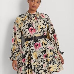 Ralph Lauren Floral Tie-Neck Long Sleeve Mini Dress in Cream, Pink and Black